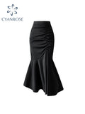 christmas outfit Tineit Black Women Ruched Vintage Skirt Elegant French Casual High Waist Streetwear Office Ladies Trumpet Female Party Court Skirt Y2k