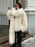 Tineit 2025 Chic Yellow Warm Fluffy Faux Fur Coat With Scarf Women Fashion Long Sleeves Loose Thick Jackets Lady Thermal New Streetwear