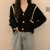 thanksgiving outfit Tineit Autumn Cropped Knitting Cardigans Women Y2K Fashion Chic V Neck Patchwork Outwear Korean Loose Single Breasted All Match Sweater