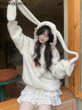 Tineit Rabbit Ear Hooded Lamb Wool Hoodie Jacket for Women Sweet Thicked Y2k Tops Oversized Outwear Casual Fashion Lace Cute Sweatshirt