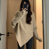 thanksgiving outfit Tineit Irregular Knit Pullover Women Fashion Lazy Loose Solid Elegant Turtleneck Sweater Chic Vertical Pit Strip Harajuku Y2K Jumpers