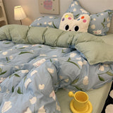 Tineit Korean Style Bedding Set Twin Queen Size Cute Cream Cherry Duvet Cover Flat Sheet Pillowcase Polyester Boys Girls Bed Linen