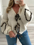 Tineit Lace Up Leopard Print Heart Cardigan Women Patchwork Contrast Color Fashion Knitted Loose V-neck Sweaters 2025 Autumn Chic Coat