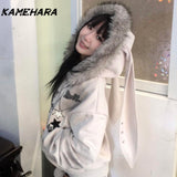 Tineit Japanese Abitu Ear Hooded Hoodies Spring Design Fur Collar Loose Design Niche Plush Cardigan Top Female Clothing 방수자켓