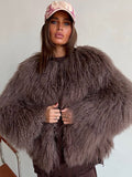 Tineit New Fashion Burgundy Oversized Fluffy Faux Fur Coat 2024 Chic Women O-neck Long Sleeved Warm Jacket Winter Lady Loose Streetwear