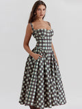 Tineit Sexy Plaid Print Sling Dress Women Elegant Patchwork Sleeveless Backless Pleated Female Maxi Dresses 2024 Summer Chic Lady Robes