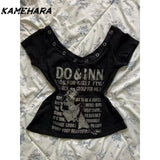 Tineit E-girl Gothic Grunge Top Millennium Y2K Punk Rock Black Letter T-shirt Top Striped Strap American Design Two Piece Set