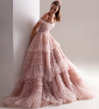 Tineit Light Pink Ball Gown Evening Dress Sweet Tulle Sweep Train Prom Dress 2025 Off Shoulder Party Dress  فساتين مناسبة رسمية-(PRE-ORDER)