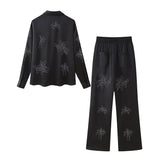 cold weather outfits Tineit 2024 Spring Summer Casual Beading Floral Women Suits Fashion Embroidery Single Breasted Shirts+Midi Waist Long Pants