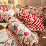 Tineit Floral Bedding Set Kawaii Rabbit Duvet Cover Flat Sheet Pillowcase Soft Bed Linens Single Full Dormitory Bedroom Home Textile