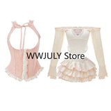 Tineit Autumn Kawaii Sweet 3 Piece Set Skirt Girls Casual Crop Tops + Fashion Slim Cake Skirt + Pink Vest Japanese Lace Suit 2025 New