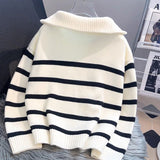 thanksgiving outfit Tineit Korean Striped Knit Pullover Women Half Zip Casual Loose Lazy Autumn Winter Jumpers Pretty Style Basic Warm Female Sweater