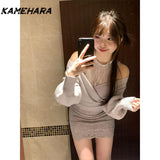 Tineit Japanese Lace Neck Knitted Sweater Autumn High Waisted Hip Hugging Skirt Sexy Off Shoulder Sweater Sweet Two Piece Sets