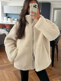 Tineit White Fashion Zipper Lamb Wool Jacket For Women Chic Lapel Long Sleeve Loose Cropped Coat Female Fall Winter Casual Outwear 2024