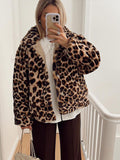 Tineit Office Leopard Print Cotton Quilted Jacket Women Casual Contrasting Color Single Breasted Lapel Coats Winter Street Outerwear