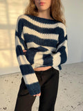 Tineit Striped Knitted Sweater Women O-neck Long Sleeve Contrast Color Loose Elegant Pullover Female 2025 Winter Casual Jumper Tops