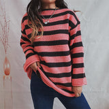 thanksgiving outfit Tineit Casual Knitted Striped Sweaters Women Vintage Loose Long Sleeve Pullover Sweater Female Autumn Thick Soft Versatile Knitwear