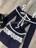 Tineit Women New 2025 Autumn Fashion Lace Patchwork Off Shoulder Ruffles Lace-up Tops + High Waist Mini Skirt Two Piece Set Y2k