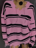 Tineit Striped V Neck Frayed Tassel Knit Sweater