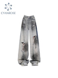 christmas outfit Tineit Women's Baggy Y2k Ripped Jeans Harajuku Y2k Japanese 2000s Style Oversize Denim Trousers Jean Pants Vintage Trashy Clothes 2025