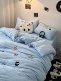 Tineit Korean Style Fresh Bedding Set Water Washed Cotton Cute Towel Embroidered Duvet Covers, Bed Sheets, Dormitory