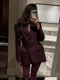 Tineit Women Elegant Burgundy Red Lapel Collar Suit Jacket Fashion Slim Fit Single Breasted Flap Pockets Coat Lady 2025 Commute Outwear