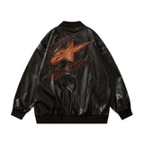 Tineit 2024 Fall Fashion Vintage Embroidery Star Leather Jacket