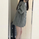 thanksgiving outfit Tineit Gray Cardigan Sweater Women Korean Medium-Length Spring Autumn Loose Lazy Vintage Knit Sweater Casual Buttons Harajuku Jumpers