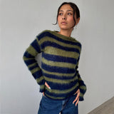 Tineit Mohair Striped Sweater Women Contrast Color Knitted O-neck Long Sleeve Loose Chic Pullover Female 2025 Winter New Top Pollover