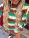 Tineit Mohair Striped Knitted Women Sweater Contrast Collar Loose Fashion Long Sleeve O-neck Pullover 2025 Autumn Street Jumper Tops