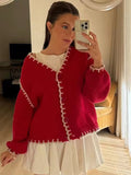 Tineit Women Striped Knitted Cardigan Elegant Single Breasted Contrast Color Loose V-neck Chic Sweater 2025 Autumn Street Red Coat Tops