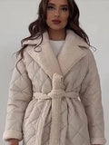 Tineit Cotton Thick Loose Parkas Women Jackets Grid Pattern Solid Lapel Coats Elegant Belt Female Top Lady Warm Chic Outwear 2025 New