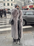 Tineit Women's Fashion Grey Warm Faux Fur Long Coat 2024 Luxury Lapel Full Sleeve Thick Fluffy Overcoat Winter Casual Female Streetwear