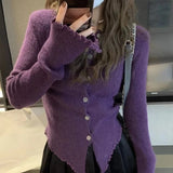 Tineit 2025 Y2k Grey Vintage Women Kint Sweater Harajuku Long Sleeve Cardigan Irregular Korean Fashion Slim Autumn Jerseys Casual