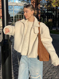 Tineit 2024 New White Chic Women's Lamb Wool Cropped Coat Fashion Loose Zipper Lapel Full Sleeved Jackets Female Warm Casual Streetwear