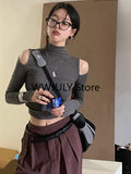 Tineit Y2K Vintage Solid Turtleneck T Shirts Women Gothic Sexy Slim Crop Tops Elegant Hollow Out Long Sleeve Bottoming Tees 2025 Autumn