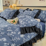 Tineit Ink Style A-class Skin Friendly Washed Cotton Four Piece Set With Lotus Leaf Lace Bedding, Bedsheet, Duvet Cover, Single Bed