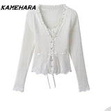 Tineit Cropped Cardigan Clothes Sweet Ruffles White Sueter V-neck Long Sleeve Tunic Pull Femme Drawstring Knit Sweater Tops