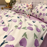 Tineit Purple Tulip Bedding Set INS Bed Linens Duvet Cover 150x200 Double Queen King Quilt Cover Soft Polyester Bedclothes Flat Sheets