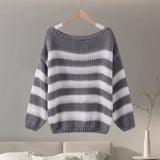 Tineit Striped Knitted Sweater Women O-neck Long Sleeve Contrast Color Loose Elegant Pullover Female 2025 Winter Casual Jumper Tops