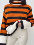 Tineit Striped Knitted Contrast Color Sweater Women Turtleneck Knitted Loose Long Sleeve Pullover Tops Female 2025 Winter Chic Jumper