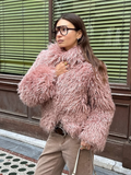 Tineit Elegant Pink Women's Cropped Warm Faux Fur Jacket Fashion Winter Thermal Long Sleeve Fluffy Coats New Ladies Chic Street Outwear