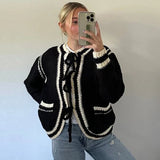 Tineit Striped Knitted Lace Up Cardigan Women O-neck Chic Loose Elegant Long Sleeve Sweaters 2025 Spring Casual Pocket Coat Lady Tops