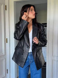 Tineit Elegant Black Blazer Coat Women Single Breasted PU Leather Loose Long Sleeve Pocket Suit Jacket Female 2025 Spring Notched Tops