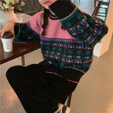 Tineit 2024 Fall Fashion Vintage Jacquard Splice Knit Sweater