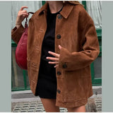 Tineit Vintage Suede Jacket Women Single Breasted Loose Turn-down Collar Pocket Outwear 2025 Autumn Long Sleeve All-match Casual Coats