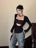 Tineit Women Gothic Hot Shoujo Girl T-Shirts Long SleeveTees Two Piece Sets Cyber Punk Coquette Gyaru Tops Grunge 2000s Y2k Streetwear