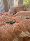 Tineit Pink Ruffled Seersucker Duvet Cover Set 3/4pcs Soft Lightweight Down Alternative Grey Bedding Set with Bed Skirt and Pillowcases