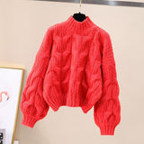 thanksgiving outfit Tineit Twist Sweater Women Lantern Long-Sleeved Loose Lazy Chic Fall Winter Korean Knitted Casual O-Neck Pullover Female Sweet Jumpers