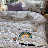 Tineit Korean Ins Dopamine Rainbow Embroidered Washed Cotton Bedding set Duvet Cover Home Luxury No Filling Bedding Set Bed Sheets